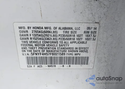 2015 Honda Pilot Ex-L z USA, uszkodzony, nr VIN 5FNYF4H57FB021589